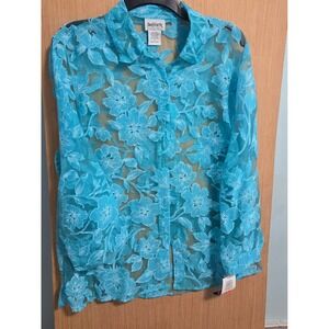 BonWorth Size‎ M Ladies Turquoise Floral Sheer Button Down Shirt Top